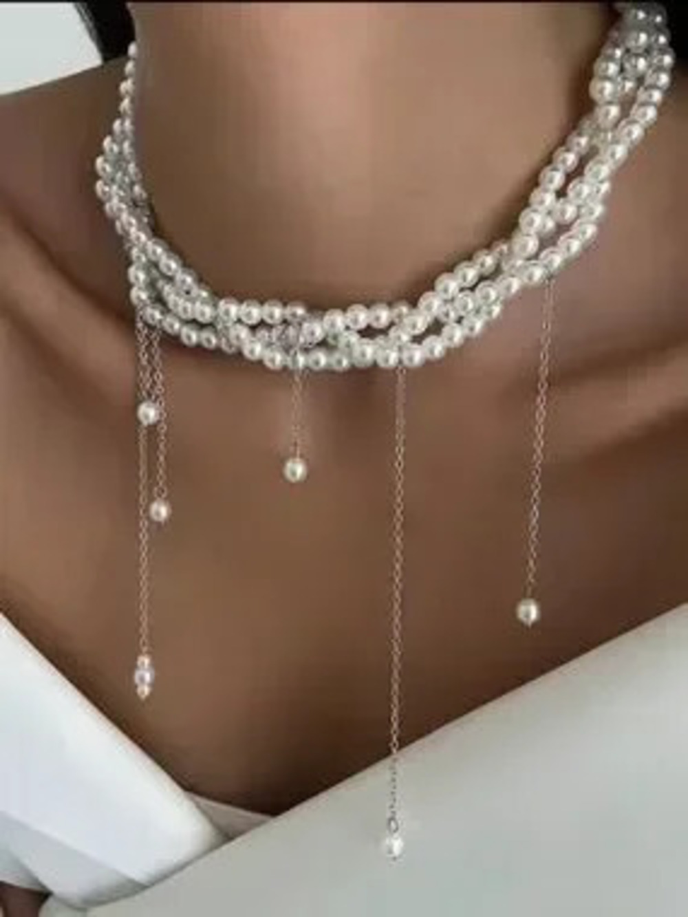 White Pearl Multi-Strand Choker with Dangle Chains